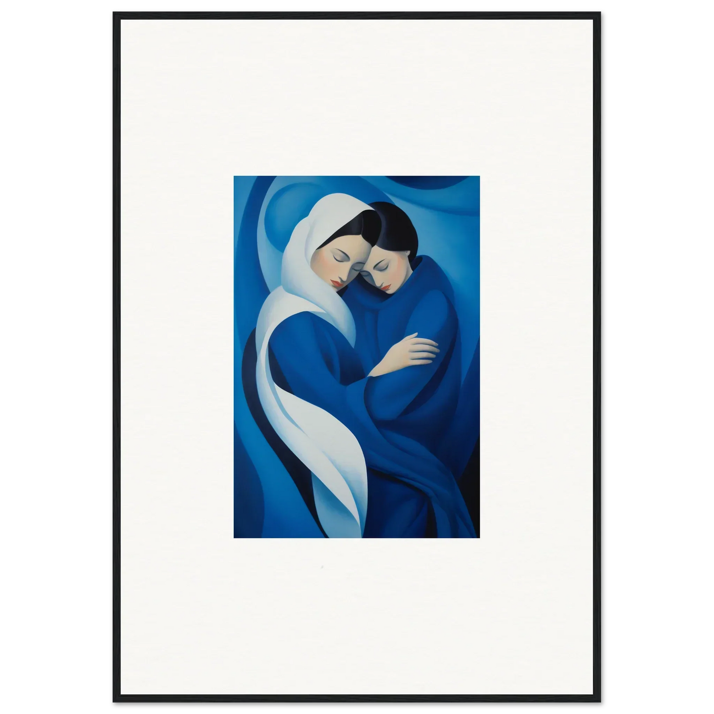 Tender embrace in deep blue and white from Infinitesimal Lavender Skies framed wall art