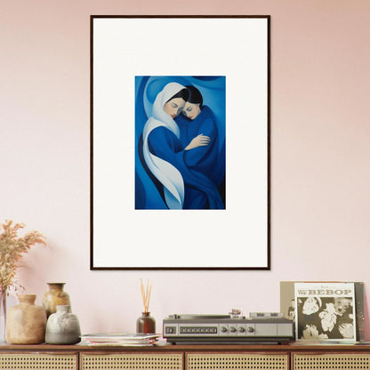 Framed wall art of abstract blue figure in Infinitesimal Lavender Skies design