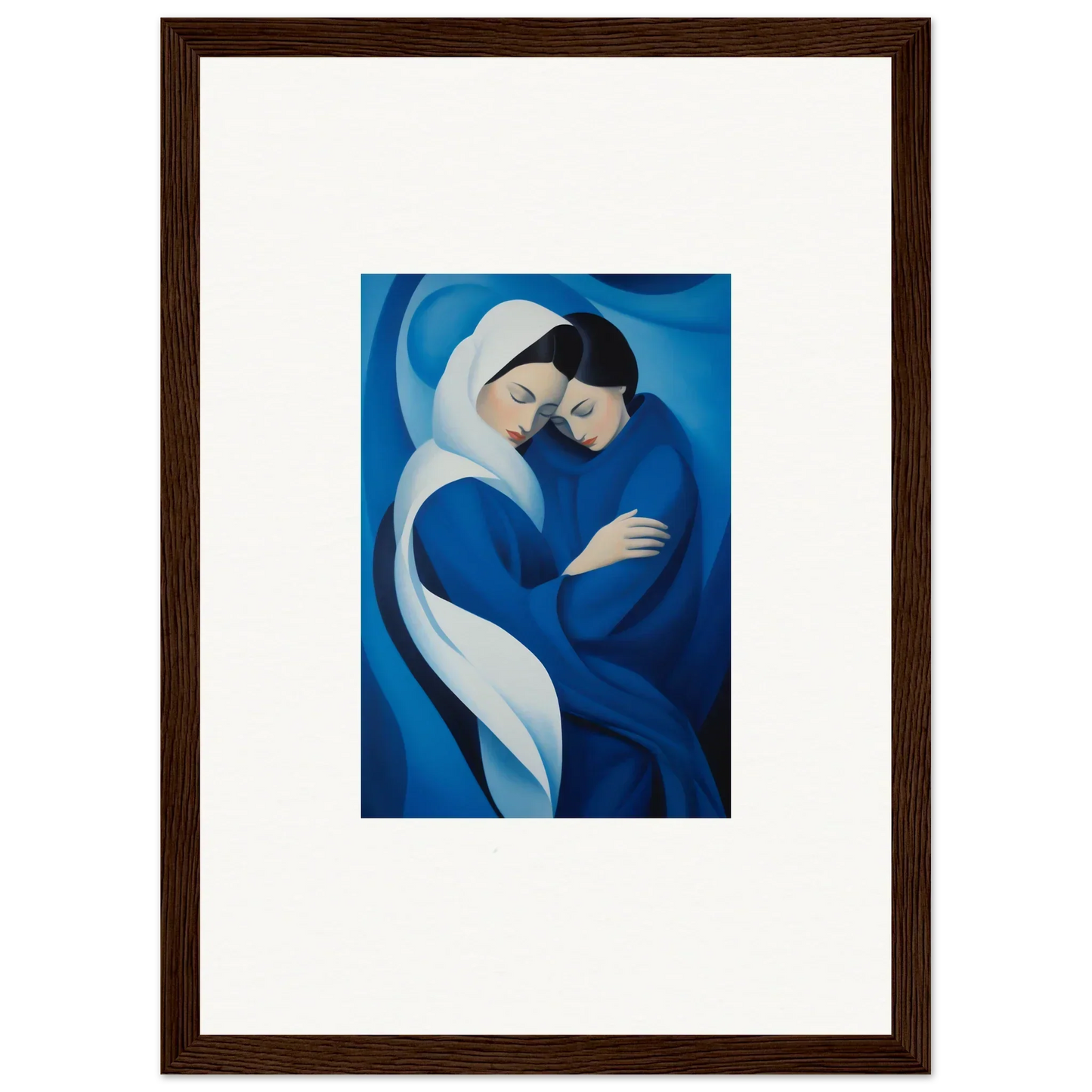 Tender embrace in deep blue and white from Infinitesimal Lavender Skies framed wall art