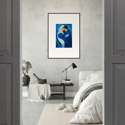 Framed wall art of abstract figure in blue, reminiscent of Infinitesimal Lavender Skies