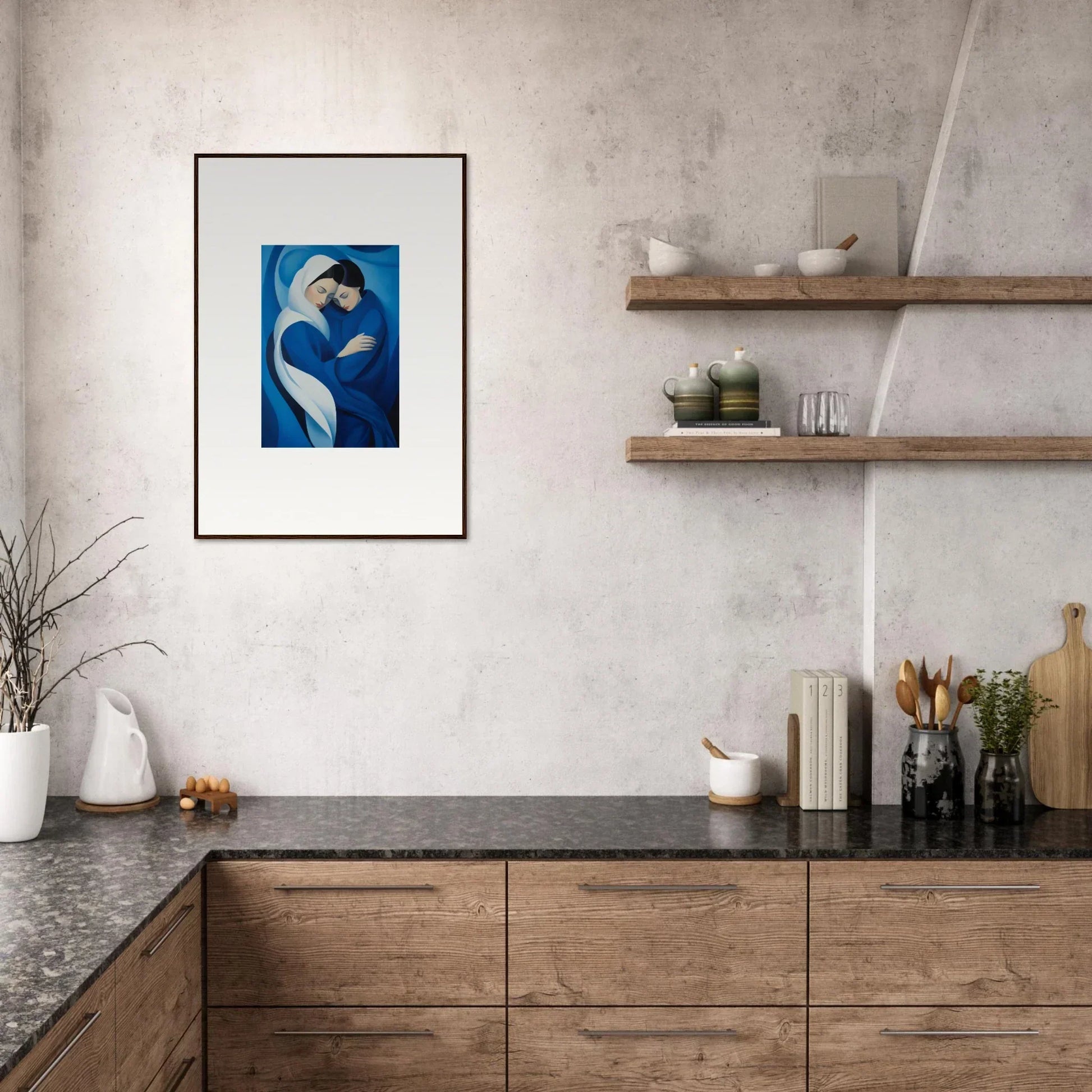 Modern kitchen featuring Infinitesimal Lavender Skies framed wall art and stylish decor