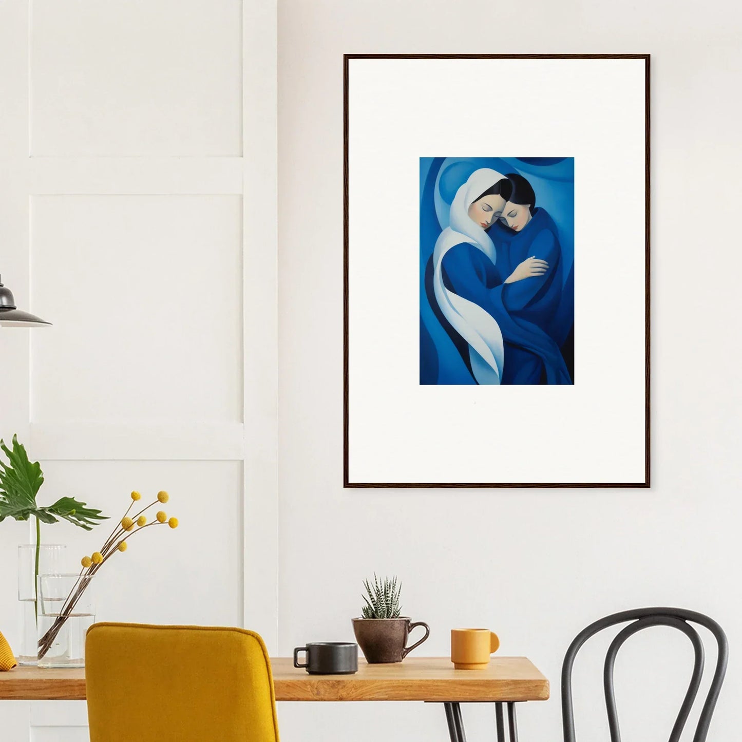 Framed wall art of an abstract blue painting of embracing figures in Infinitesimal Lavender Skies