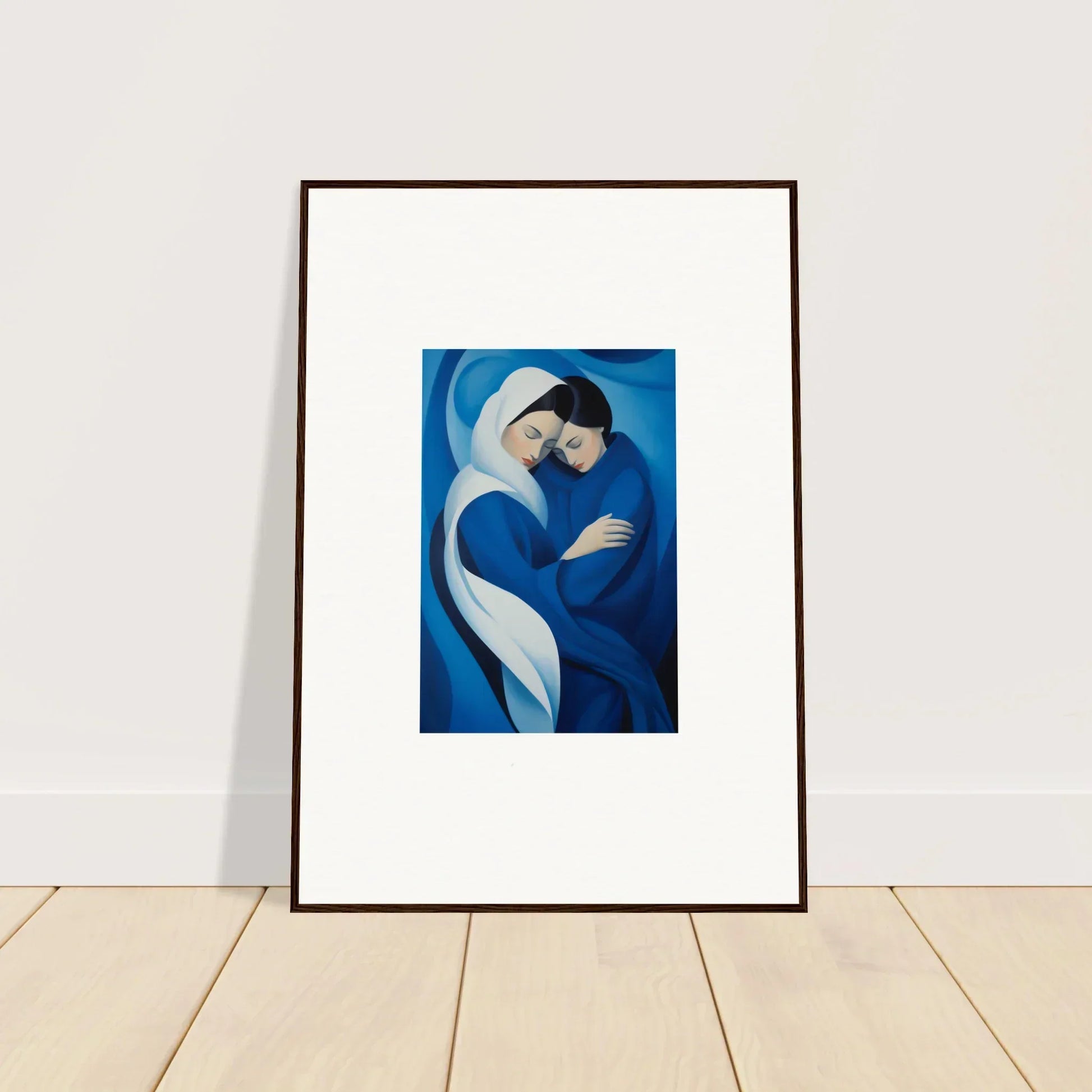 Framed wall art of a figure in blue with flowing fabric, Infinitesimal Lavender Skies