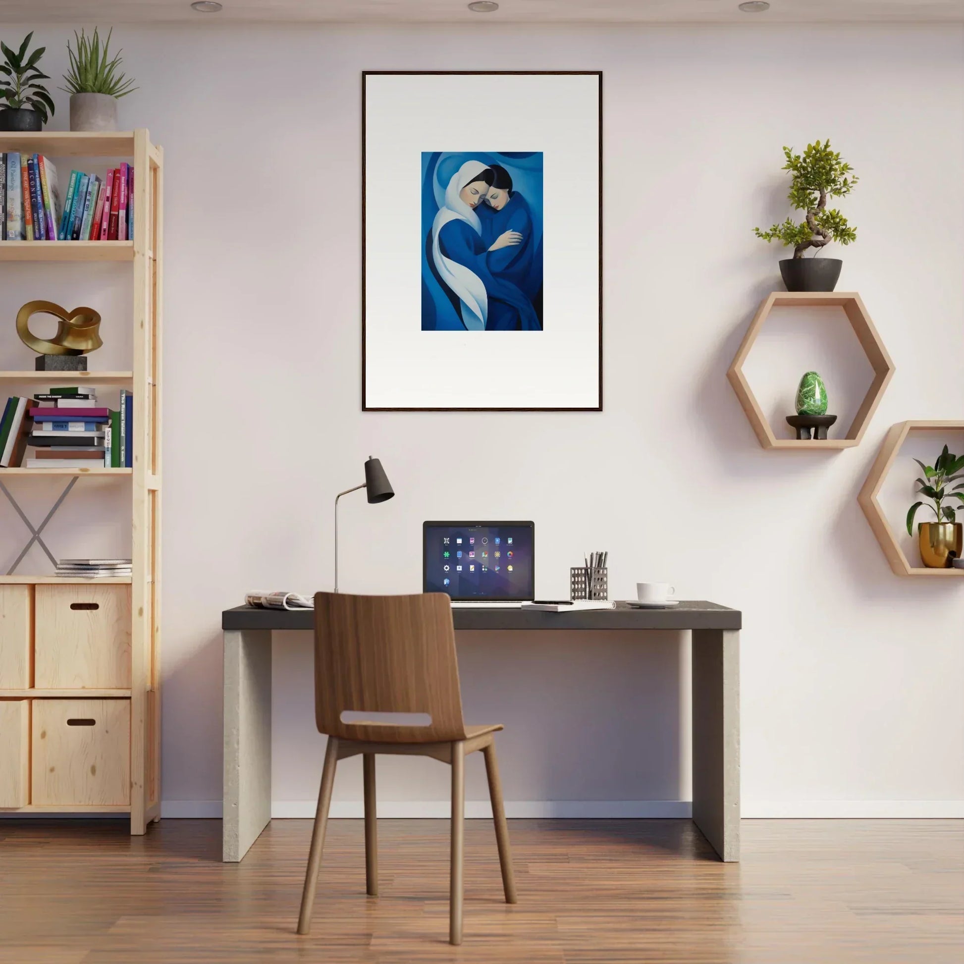 Modern home office with desk and shelves featuring Infinitesimal Lavender Skies art