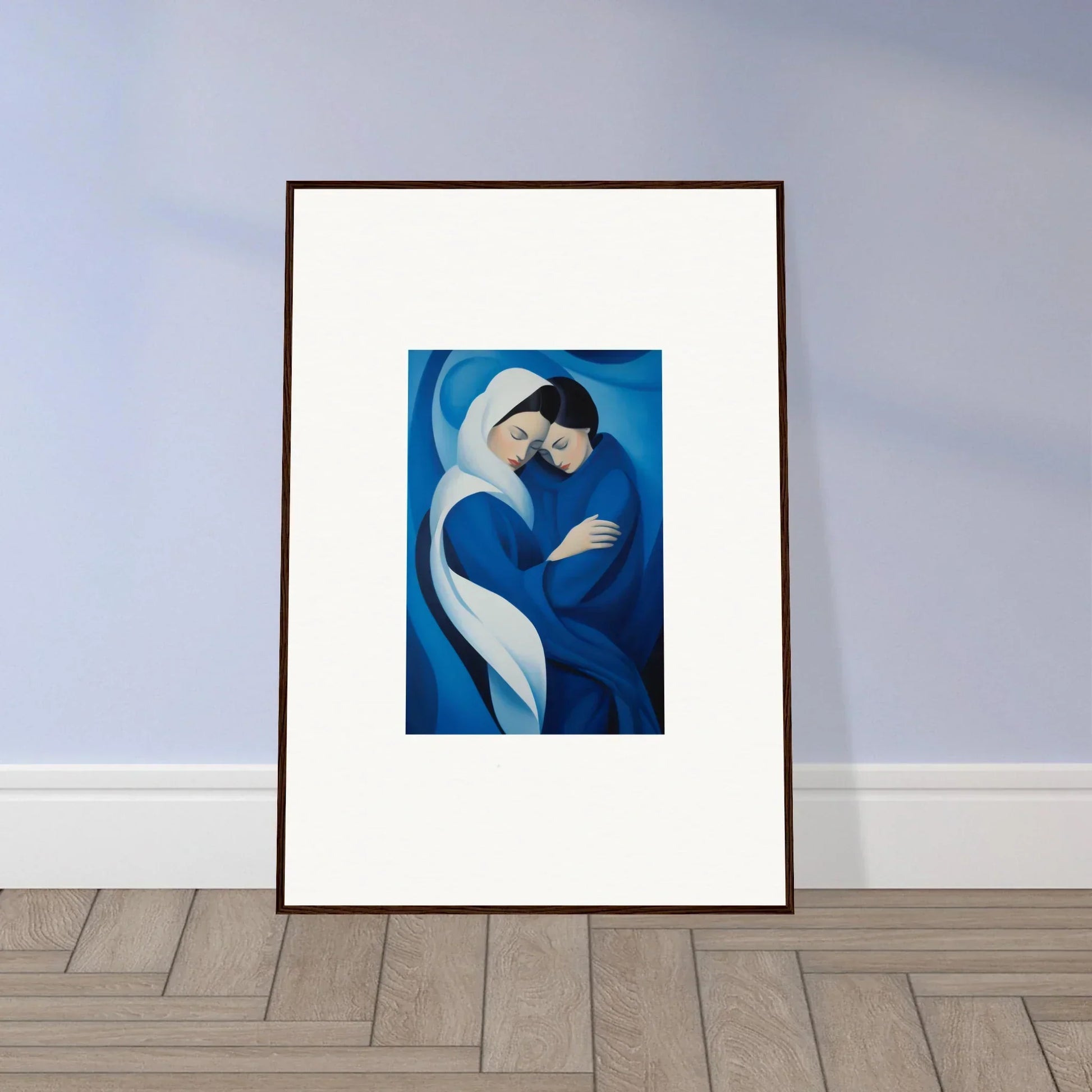 Framed wall art of a figure in blue with flowing fabric from Infinitesimal Lavender Skies