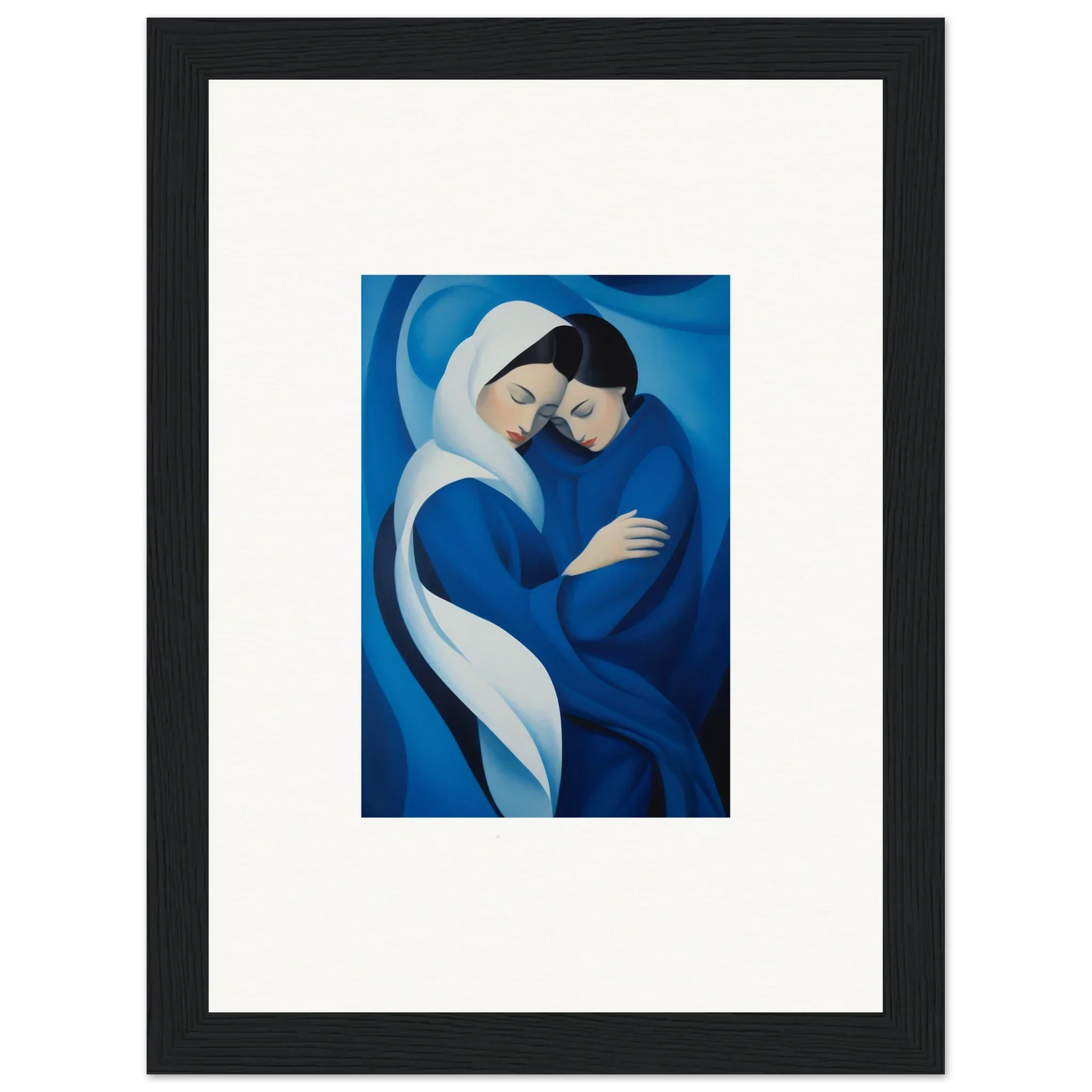 Tender embrace in blue and white from Infinitesimal Lavender Skies framed wall art