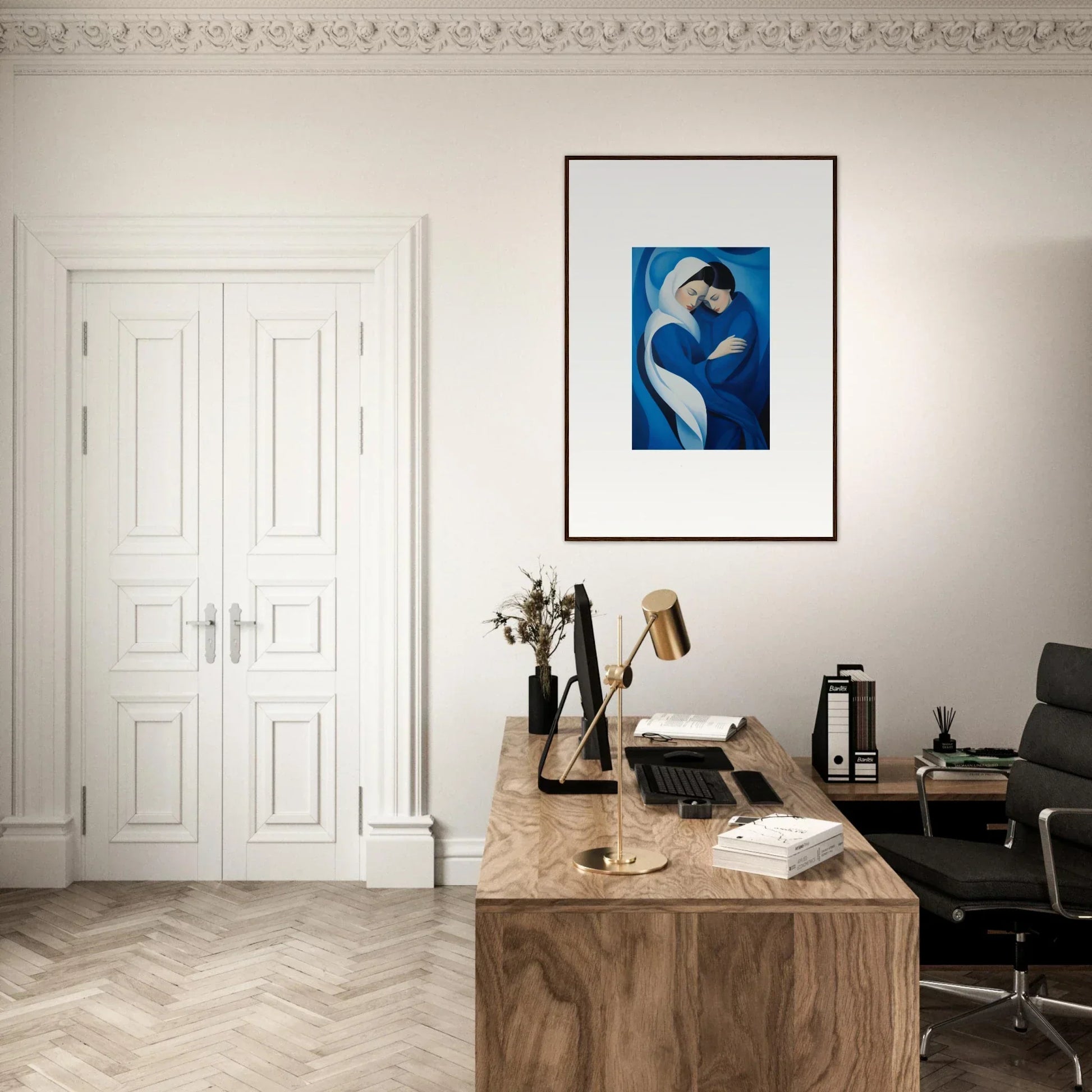 Elegant wooden desk showcasing the minimalist style of Infinitesimal Lavender Skies