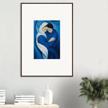 Framed wall art of a figure in blue with white fabric, part of Infinitesimal Lavender Skies