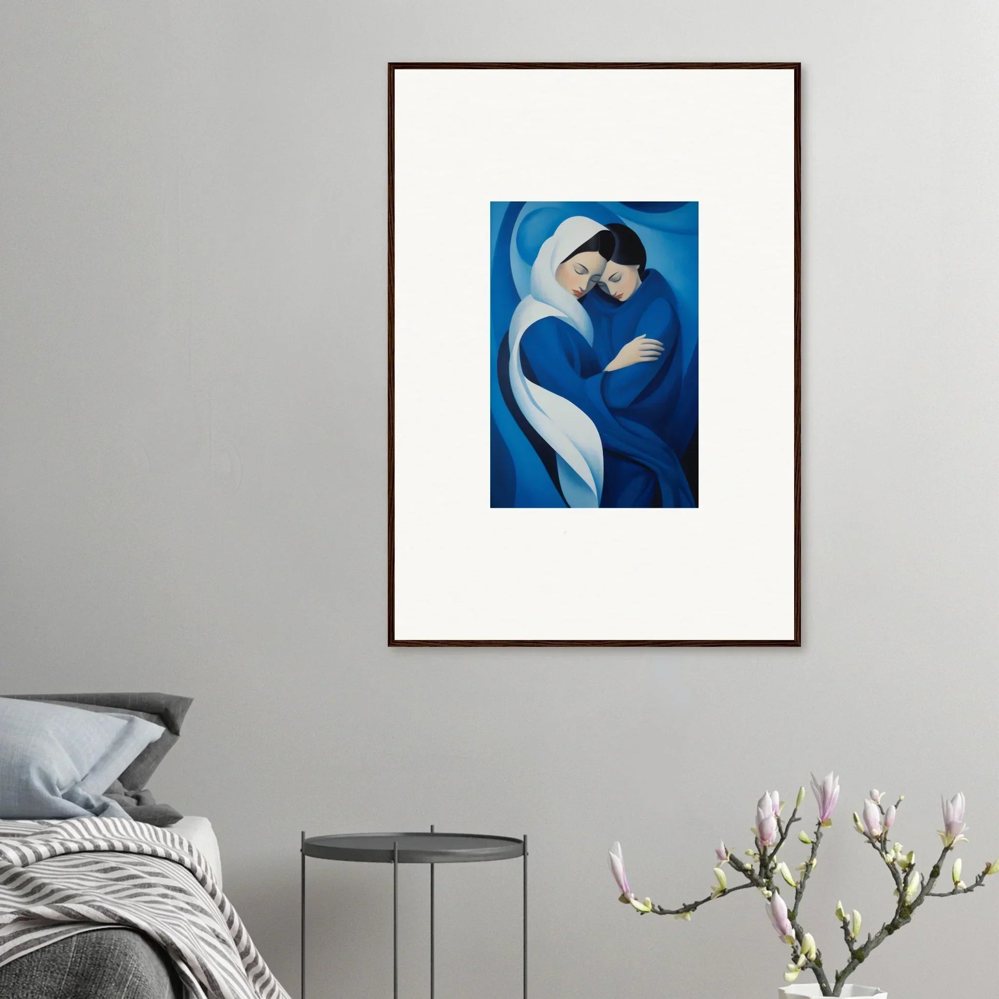 Framed wall art of an abstract blue figure in Infinitesimal Lavender Skies design