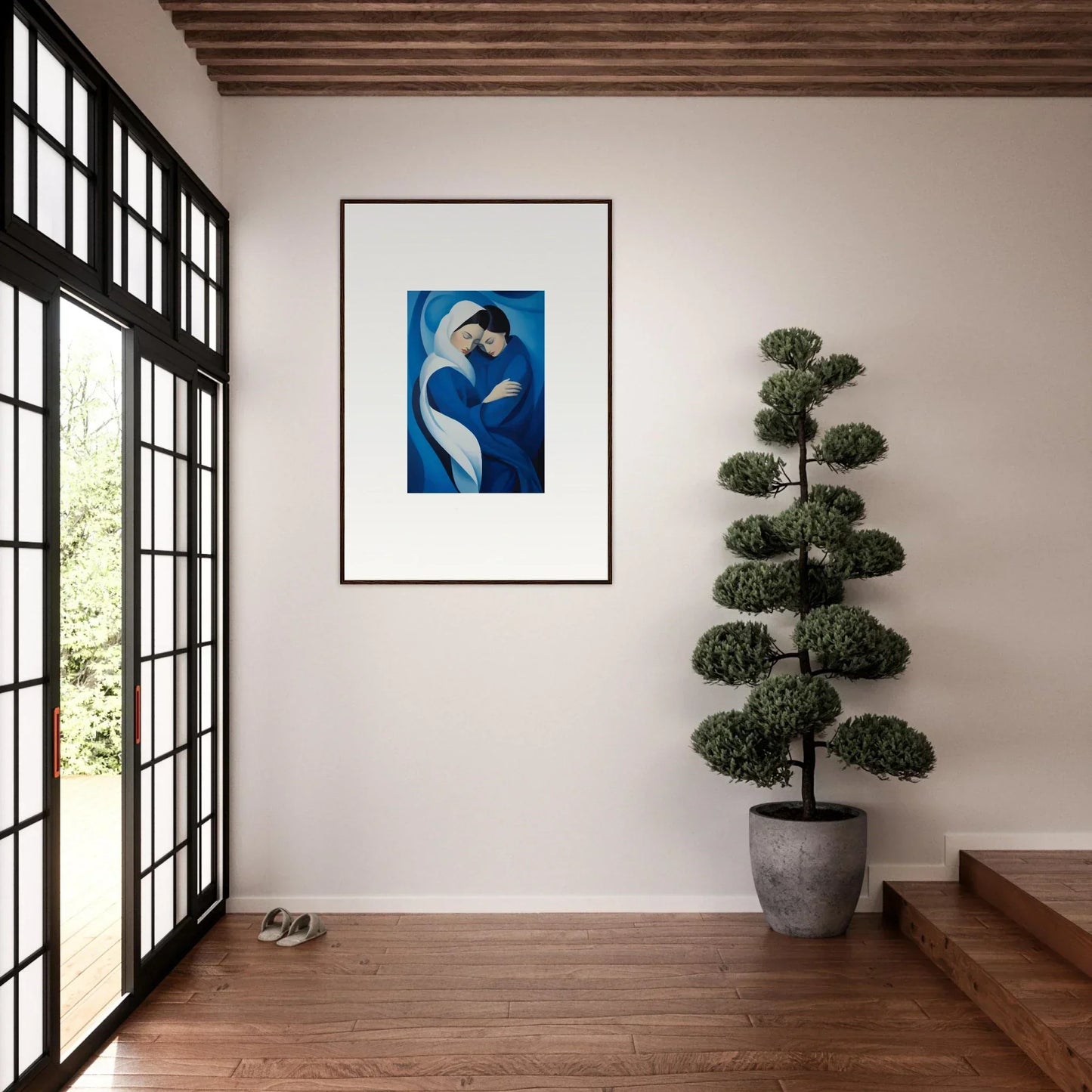 Framed wall art titled Infinitesimal Lavender Skies showcases an abstract blue figure