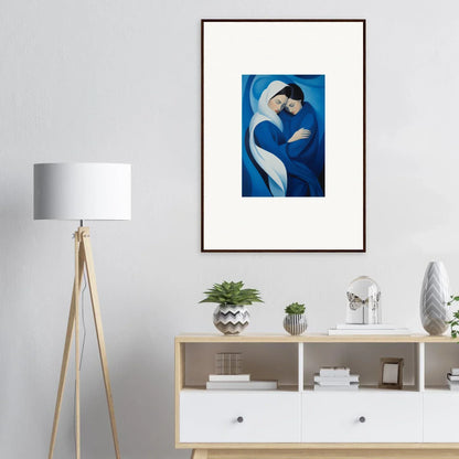 Framed wall art of an abstract blue figure in embrace, Infinitesimal Lavender Skies