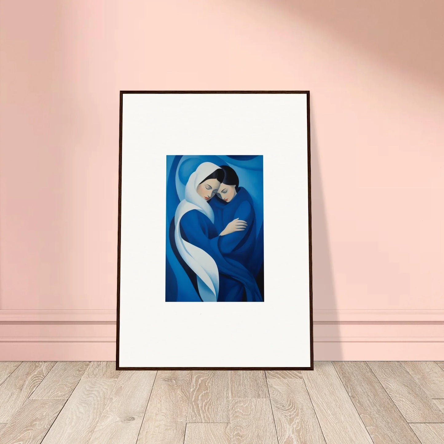 Framed wall art of an abstract blue figure reading from Infinitesimal Lavender Skies