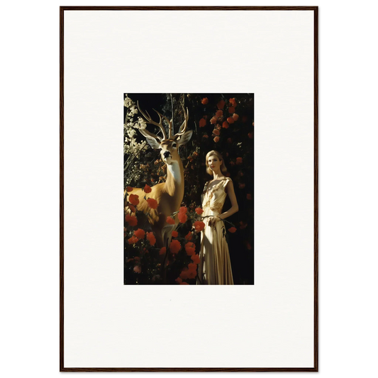 Framed artwork depicting a woman in a light-colored dress standing next to a deer in a floral setting.