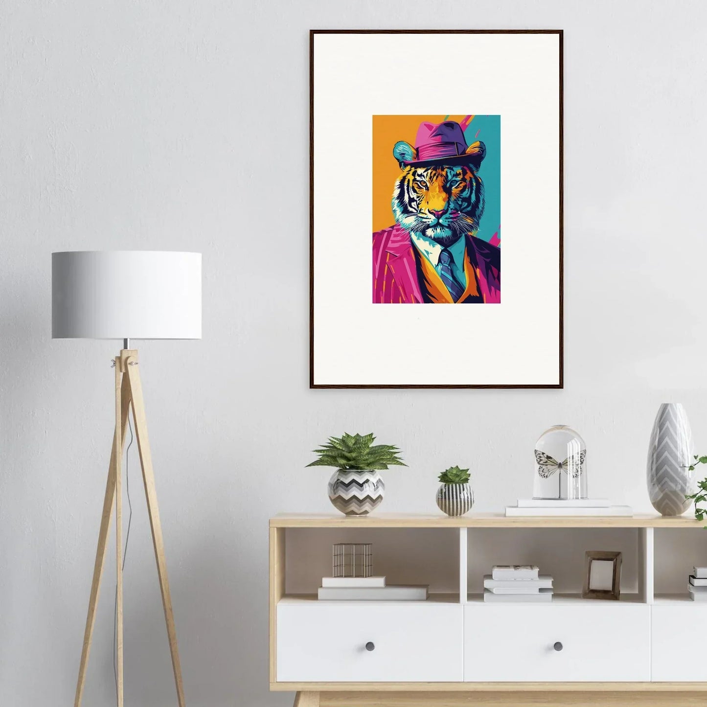 Colorful pop art tiger in a suit, perfect for a stylish room decoration canvas print