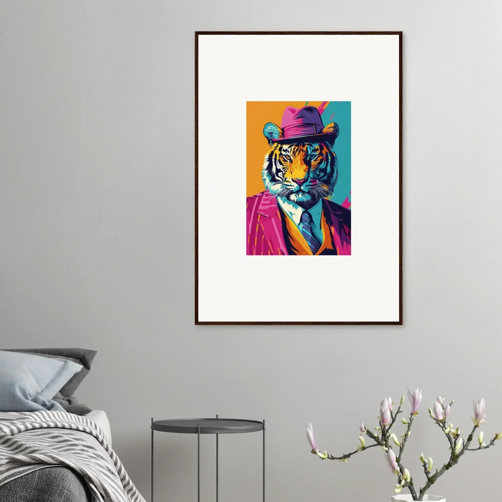 Colorful pop art tiger portrait in hat and suit for a stylish room decoration canvas print