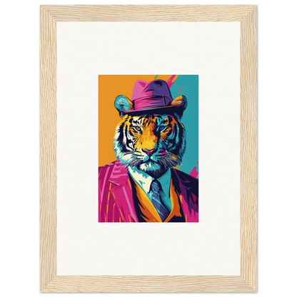 Colorful pop art tiger portrait in a hat and suit, perfect for room decoration as a canvas print