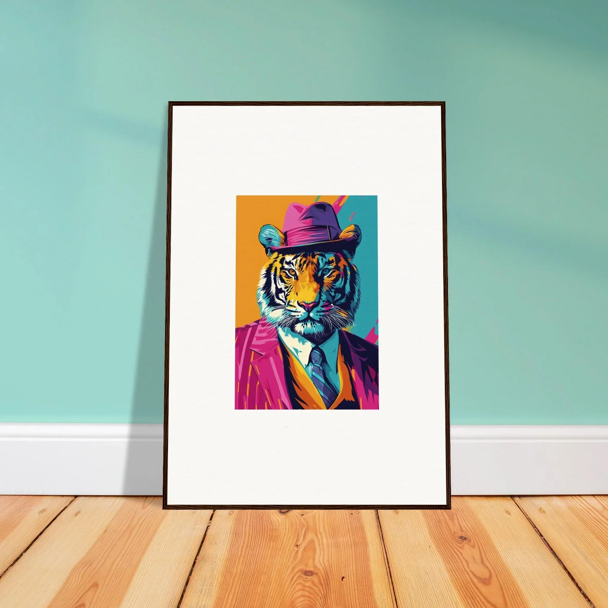 Framed colorful pop art canvas print of a tiger in a suit for cool room decoration