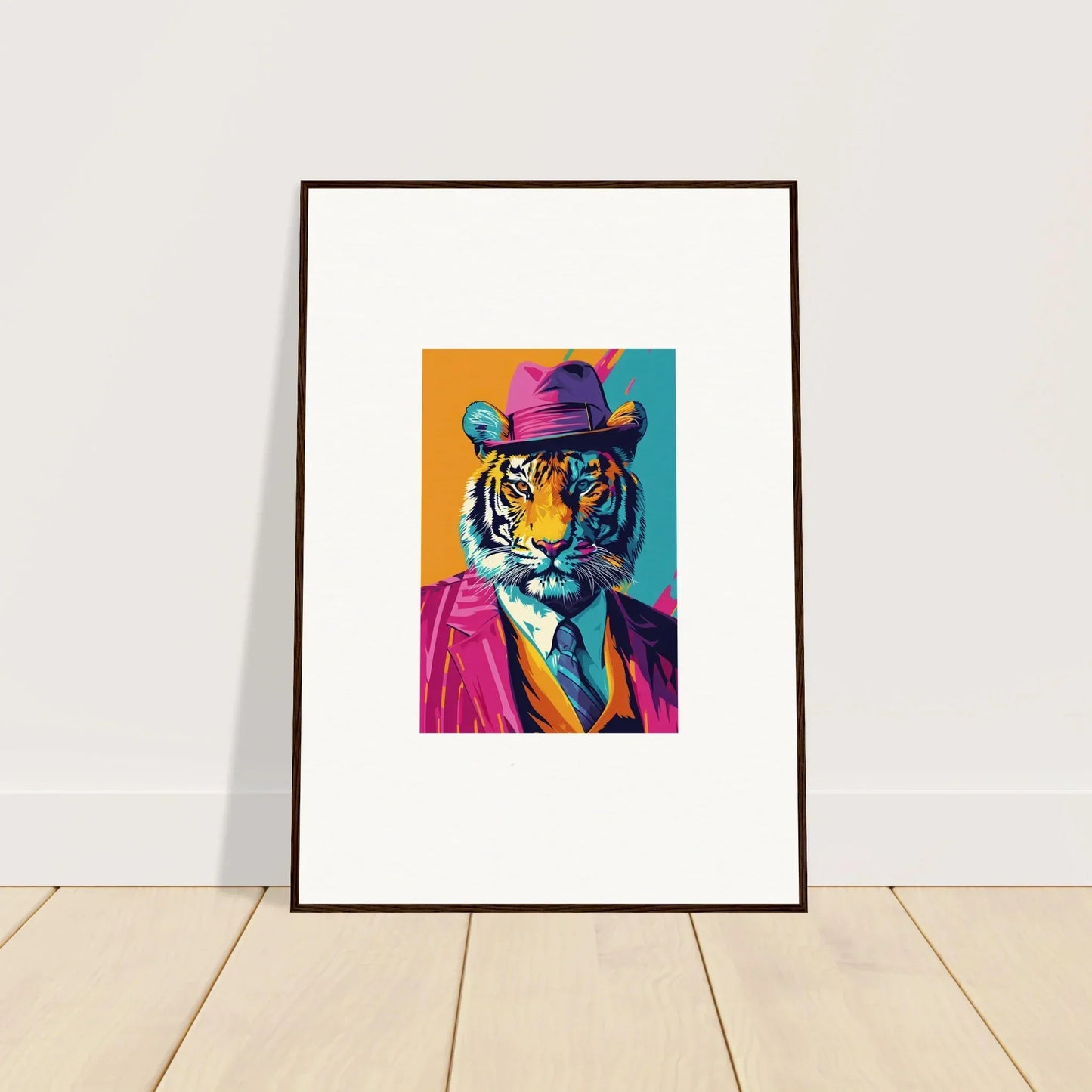 Framed colorful canvas print of a tiger in a suit for fun room decoration combo renaissance