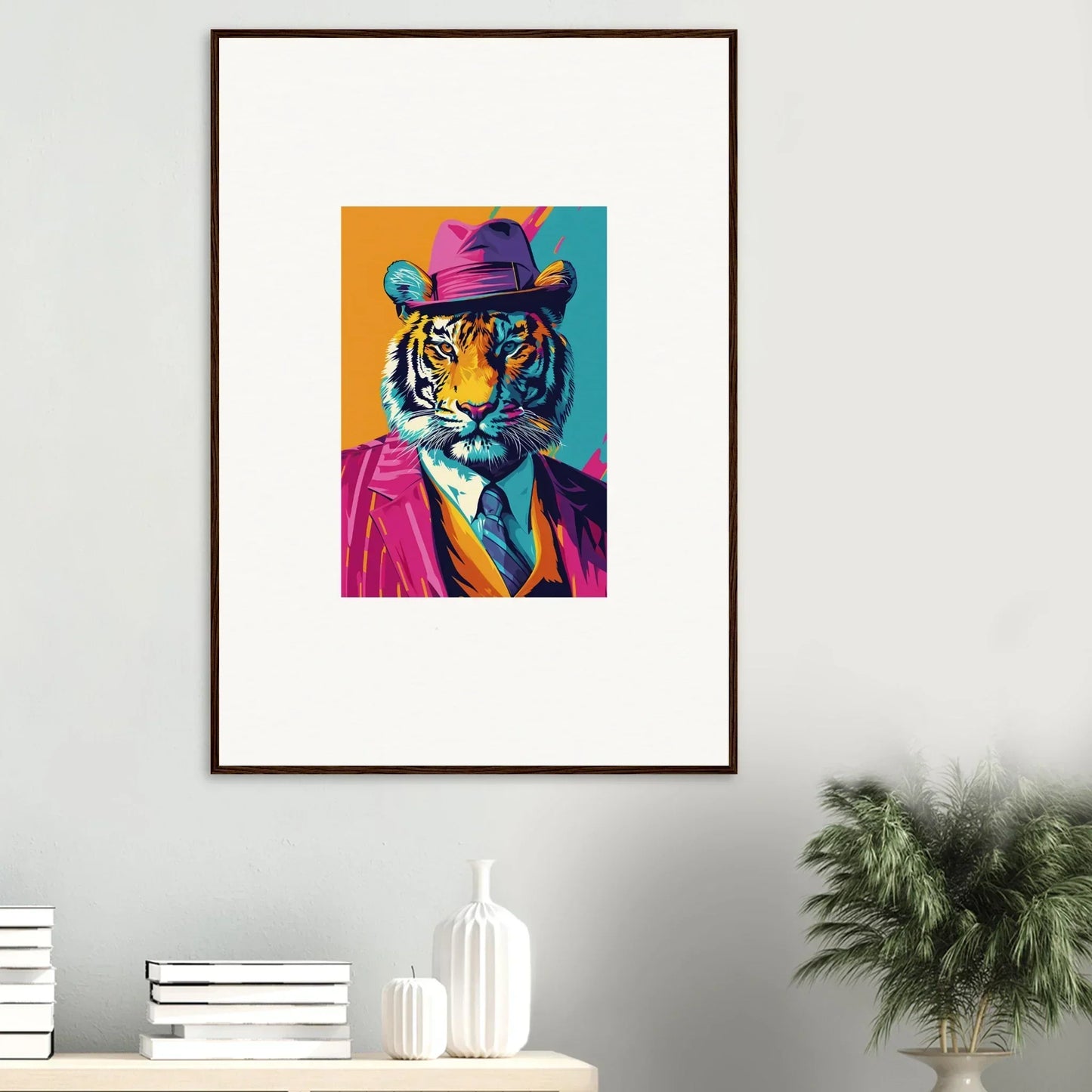 Colorful pop art tiger in a hat and suit jacket, perfect for combo renaissance room decoration