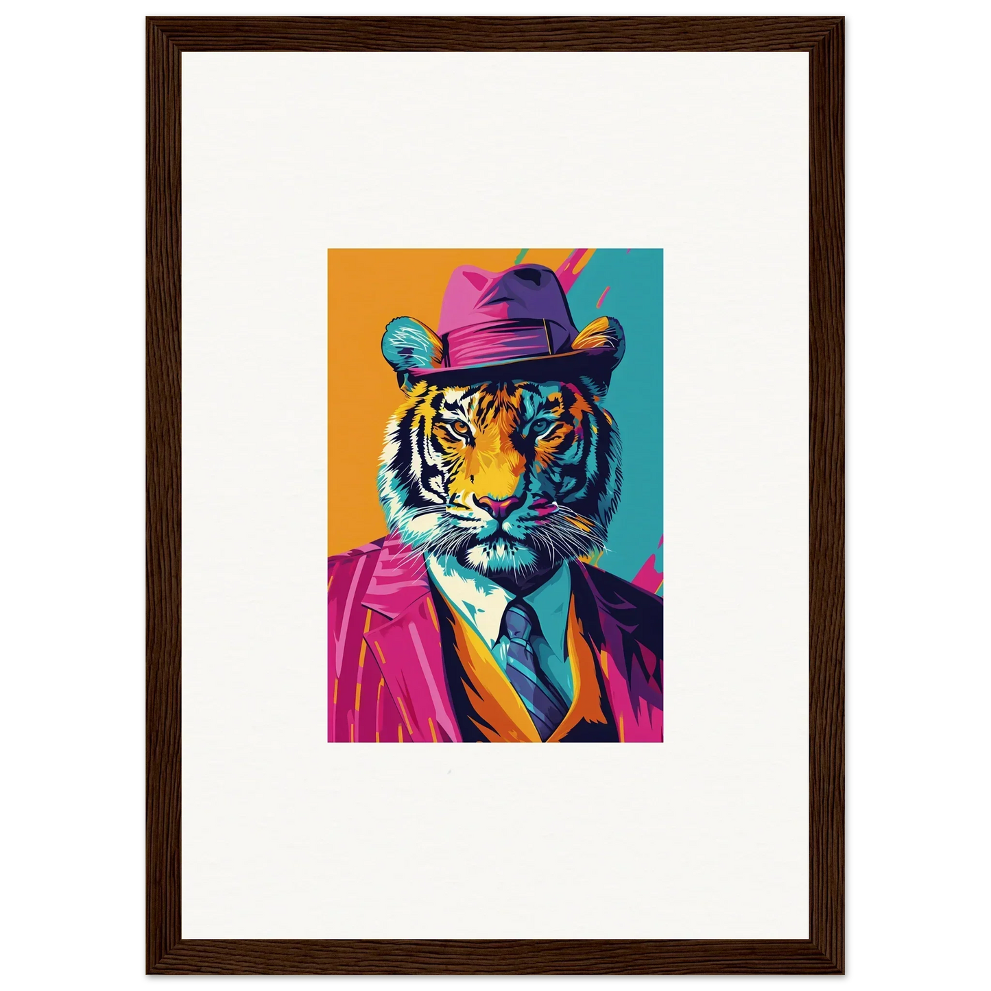 Colorful pop art tiger in a hat and suit jacket, perfect for a Combo Renaissance canvas print