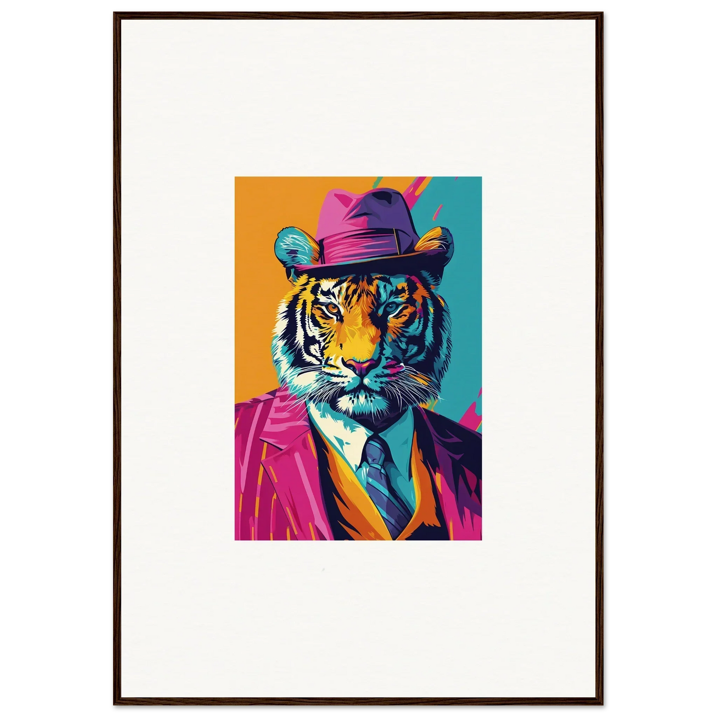 Colorful pop art tiger in hat and suit jacket for stylish room decoration canvas print