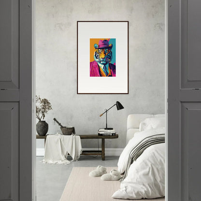 Colorful pop art tiger wearing a hat, perfect for a Jazz Combo Renaissance room decoration