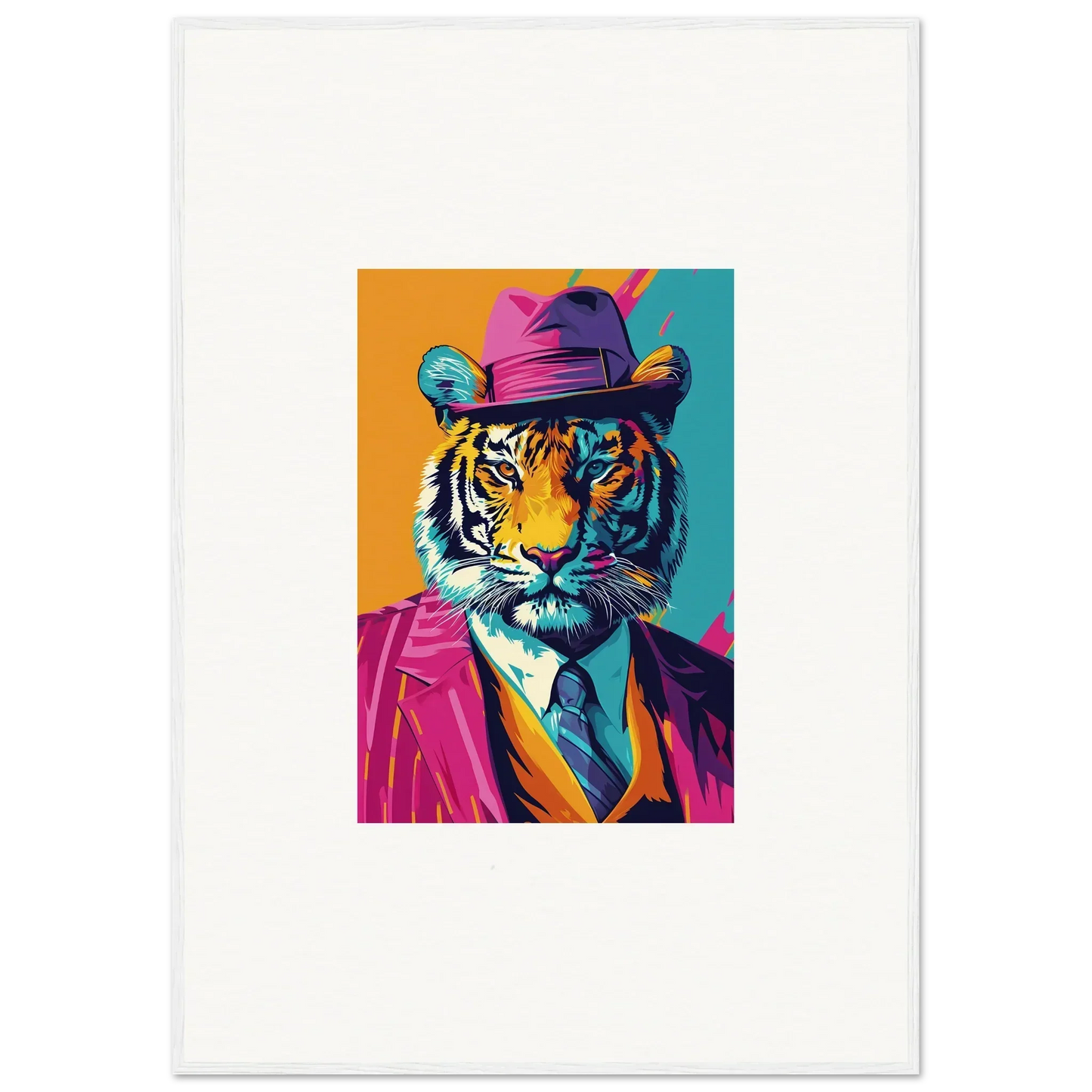 Colorful pop art tiger in a suit hat, perfect for combo renaissance room decoration