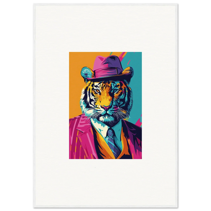 Colorful pop art tiger in a suit hat, perfect for combo renaissance room decoration