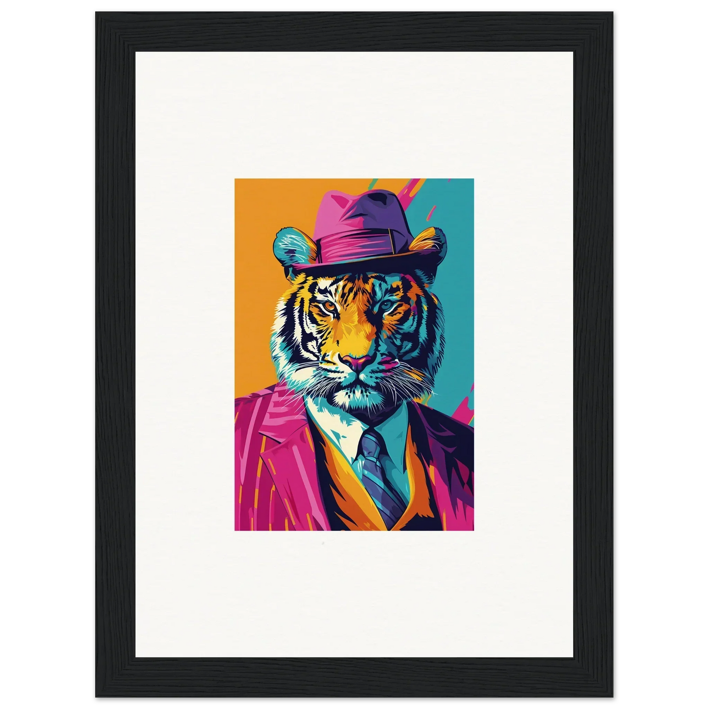 Colorful pop art tiger in a hat and suit jacket, perfect for room decoration canvas print