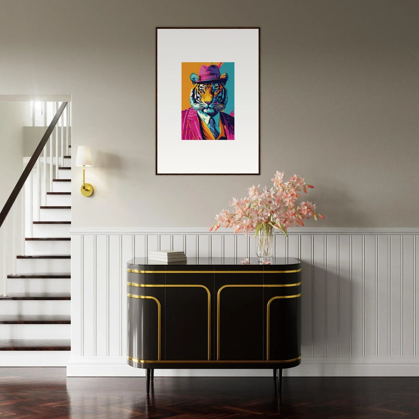 Colorful pop art tiger in a hat and scarf, perfect for combo renaissance room decoration