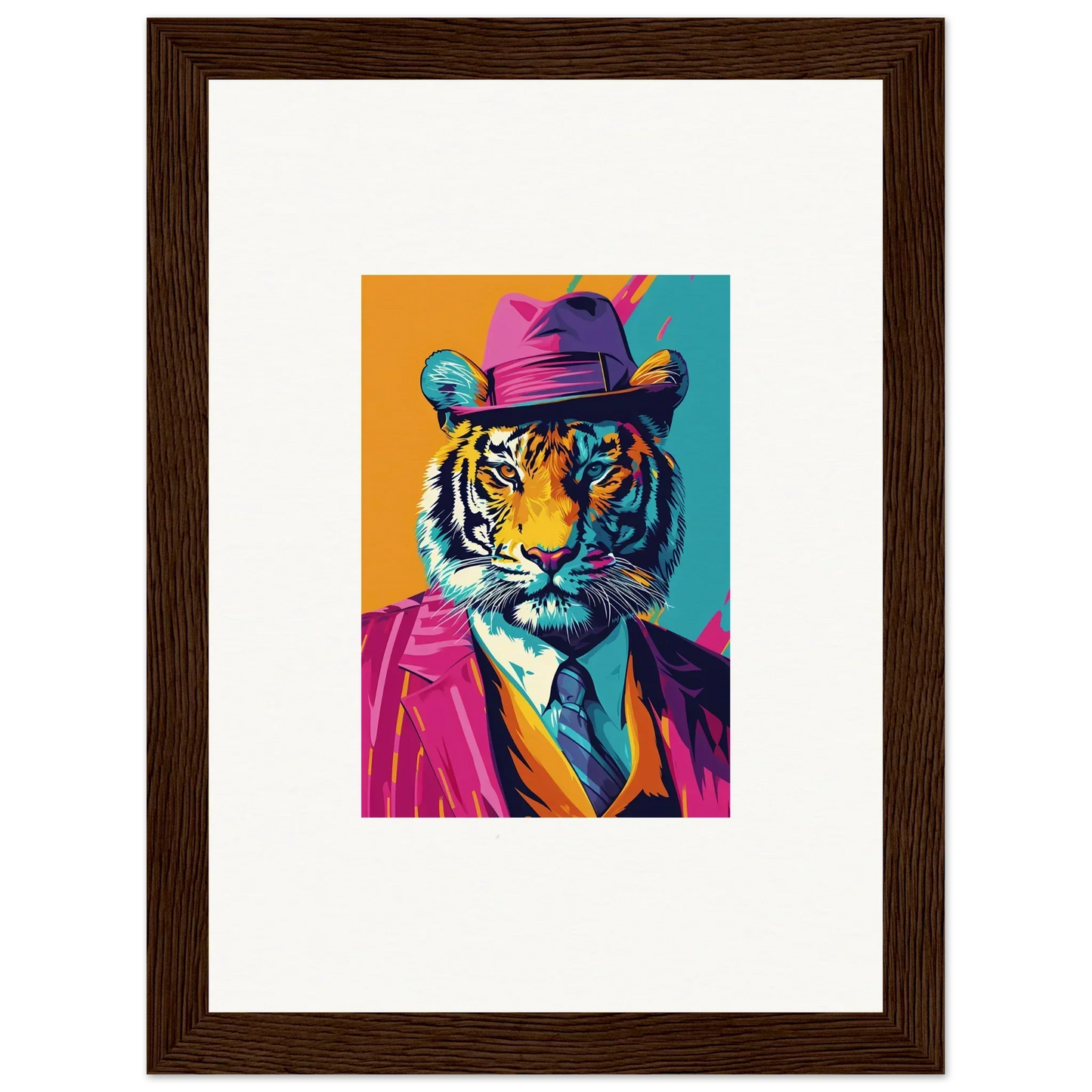 Colorful pop art tiger portrait in a hat and suit, perfect for combo renaissance room decoration