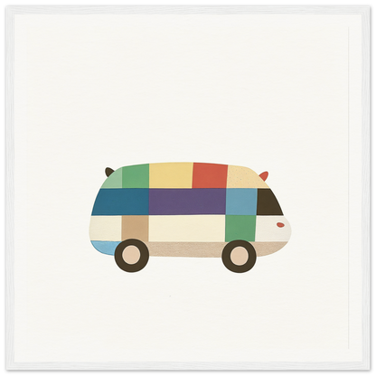 Colorful geometric patchwork van with simple wheels from Joyful Block Voyage