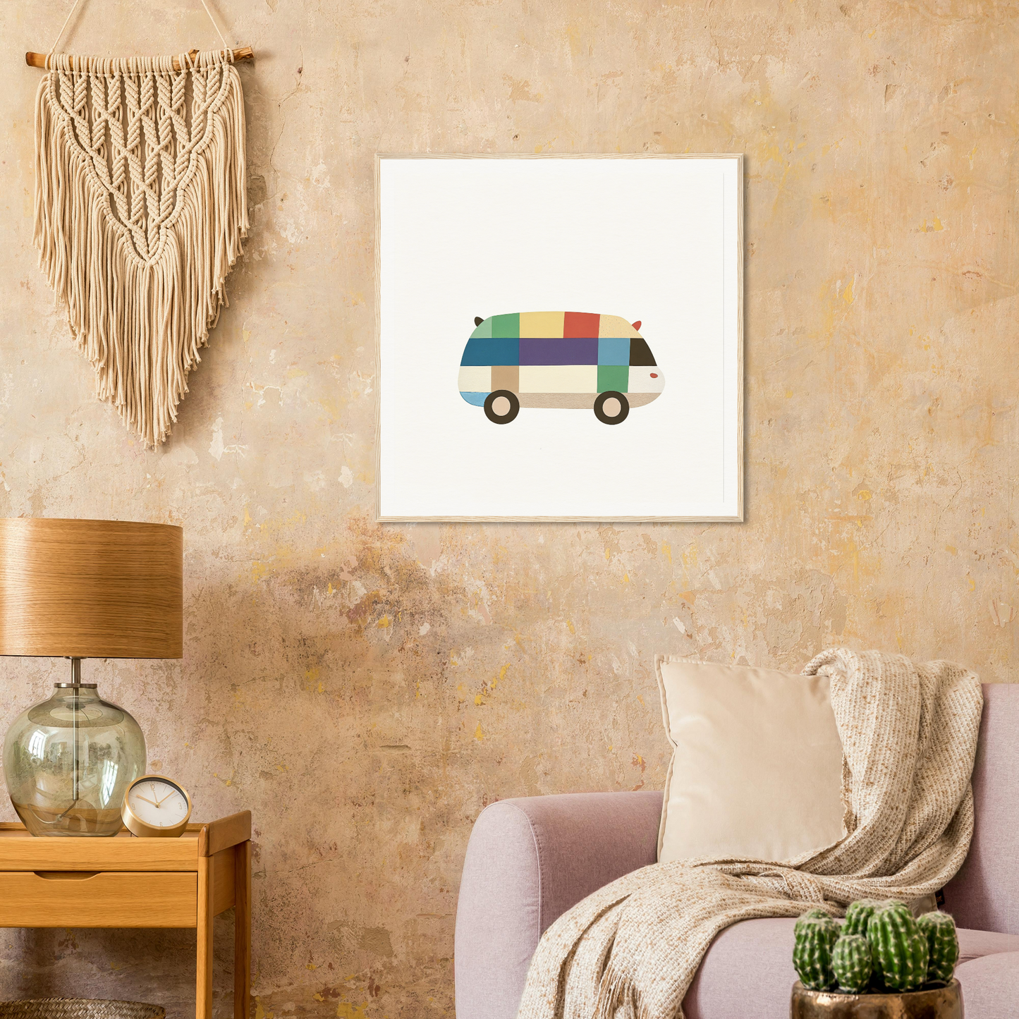 Colorful striped van minimalist art print from Joyful Block Voyage on white canvas