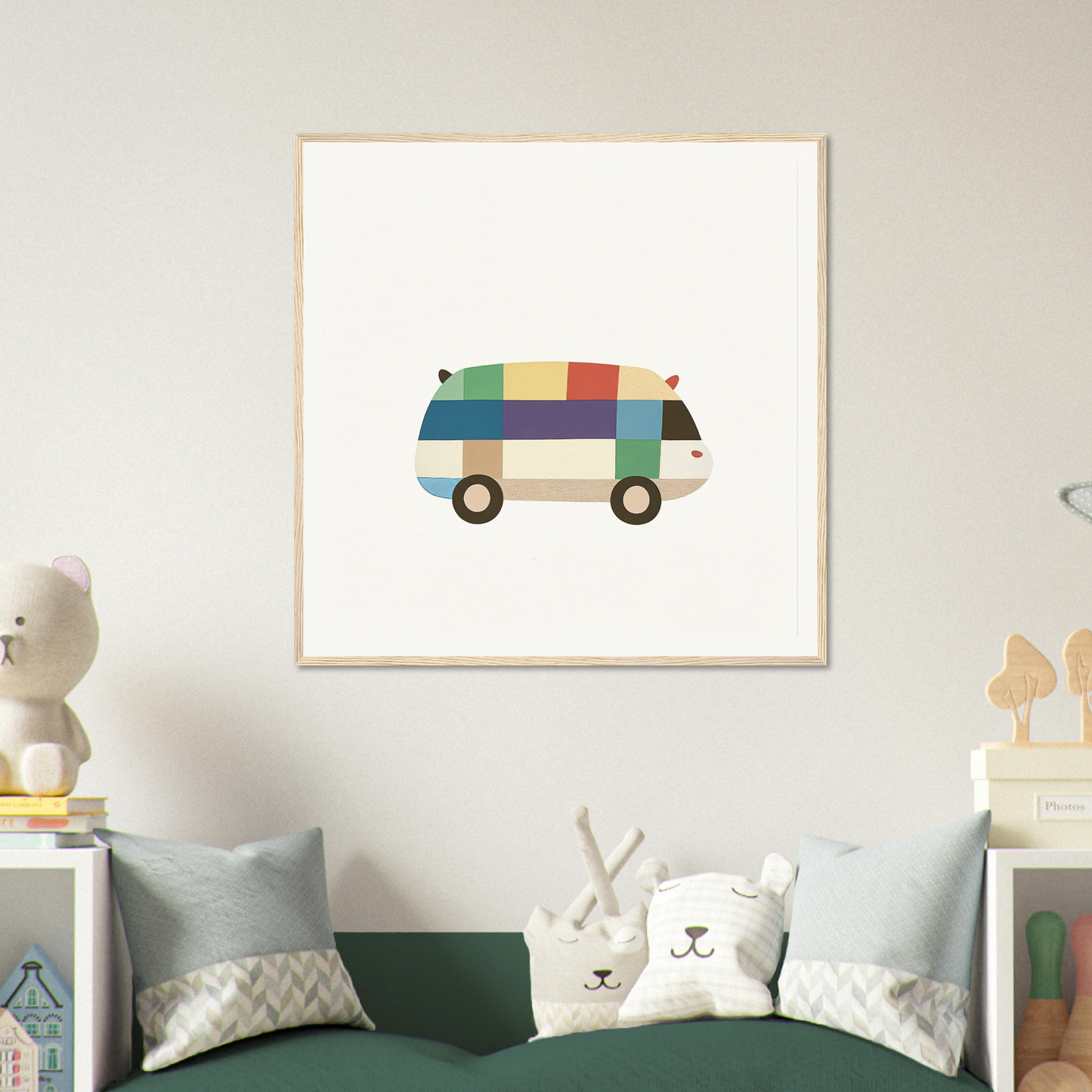 Colorful geometric van artwork in a minimalist style for Joyful Block Voyage