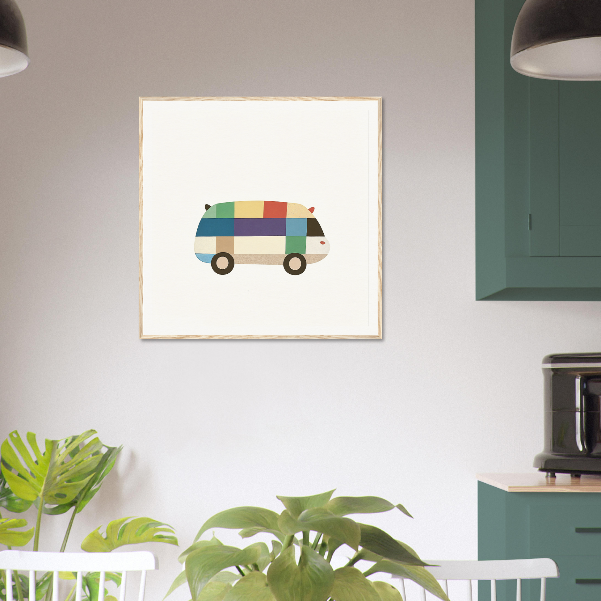 Colorful geometric van artwork displayed as part of Joyful Block Voyage collection