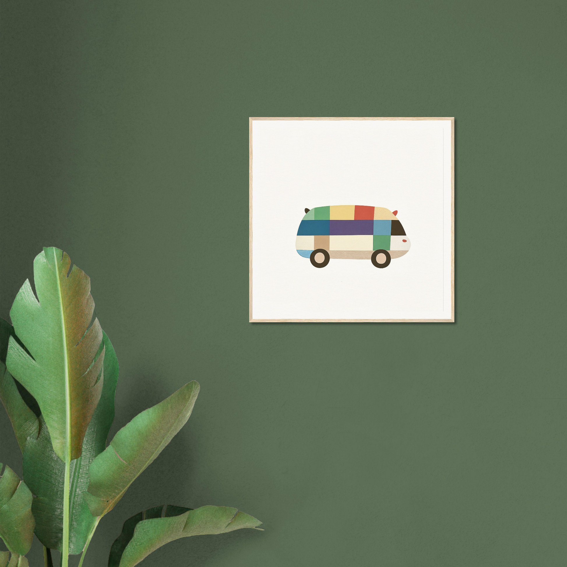 Colorful minimalist illustration of a retro van in a white frame for Joyful Block Voyage