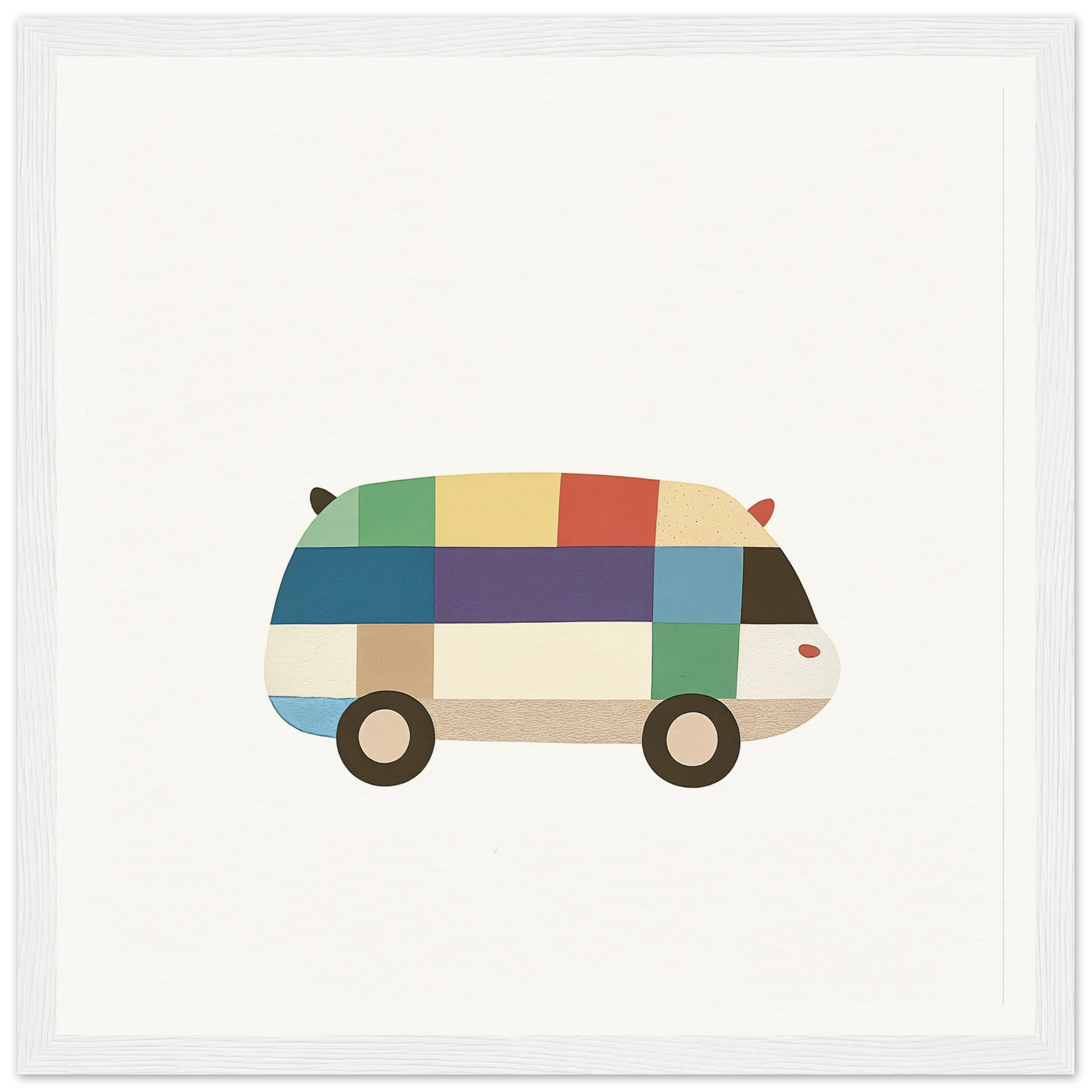 Colorful geometric van with a retro striped pattern for Joyful Block Voyage