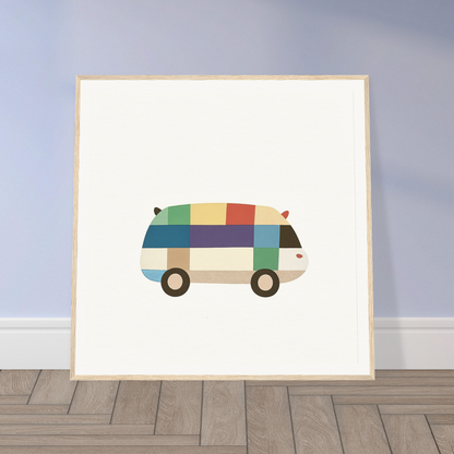 Colorful retro van illustration with rainbow stripes for Joyful Block Voyage