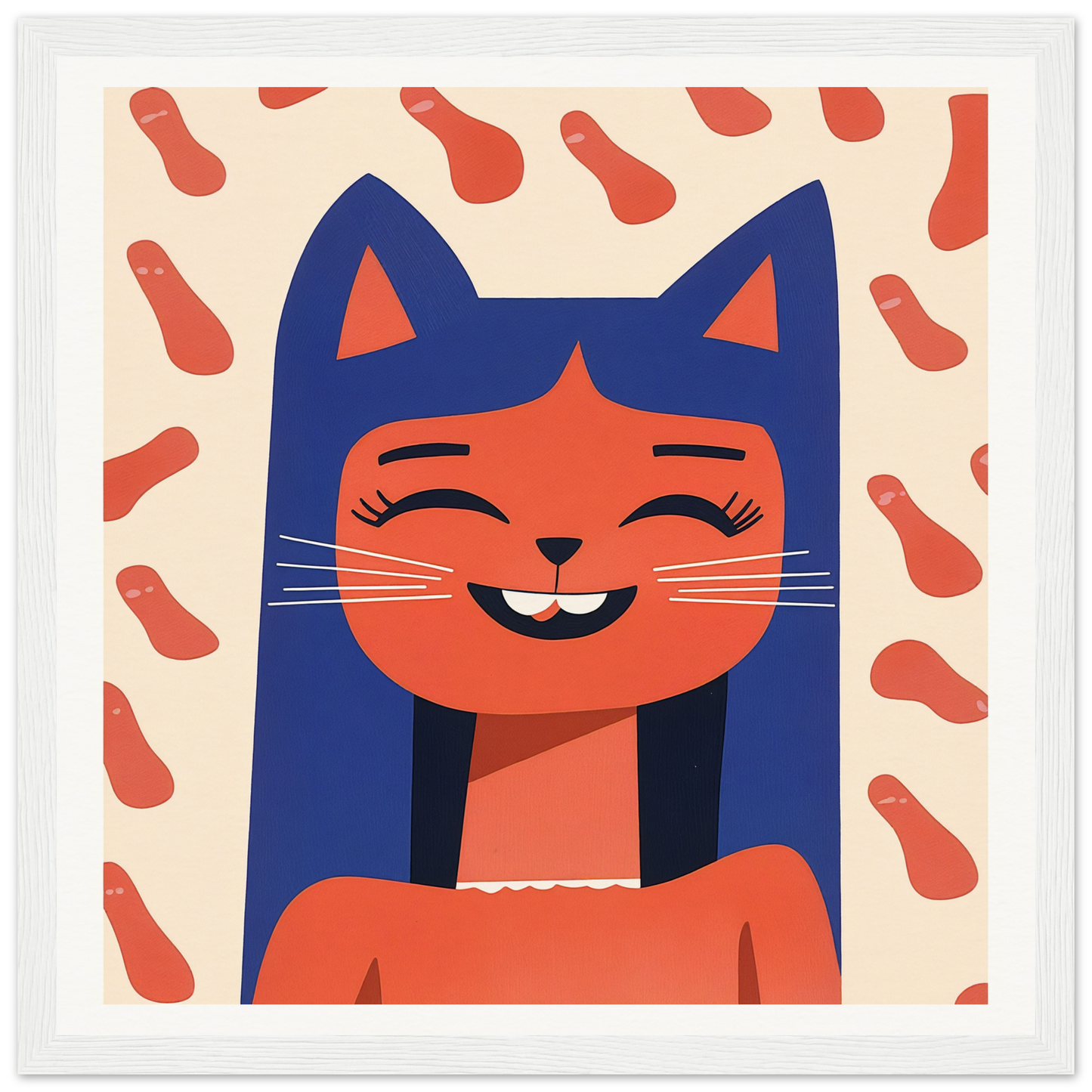 Smiling cartoon cat with blue ears and orange face in Joyful Feline Horizon design