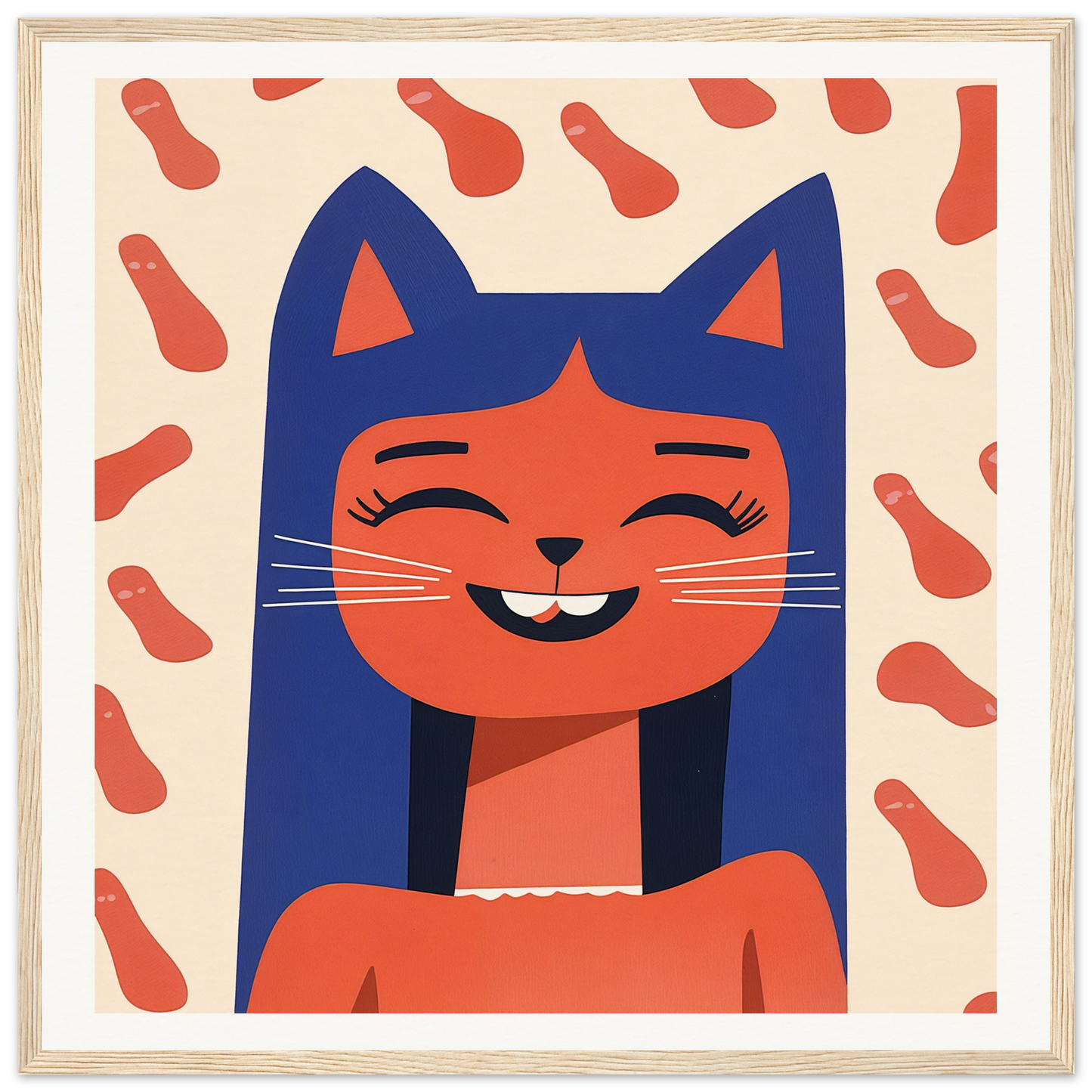 Smiling cartoon cat with blue ears and orange face design for Joyful Feline Horizon