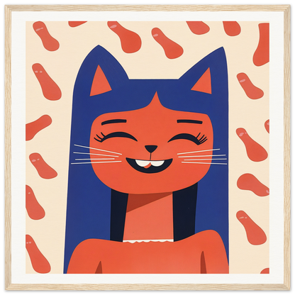 Smiling cartoon cat with blue ears and orange face design for Joyful Feline Horizon