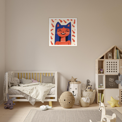 Cozy nursery featuring Joyful Feline Horizon decor, a wooden crib, and storage baskets