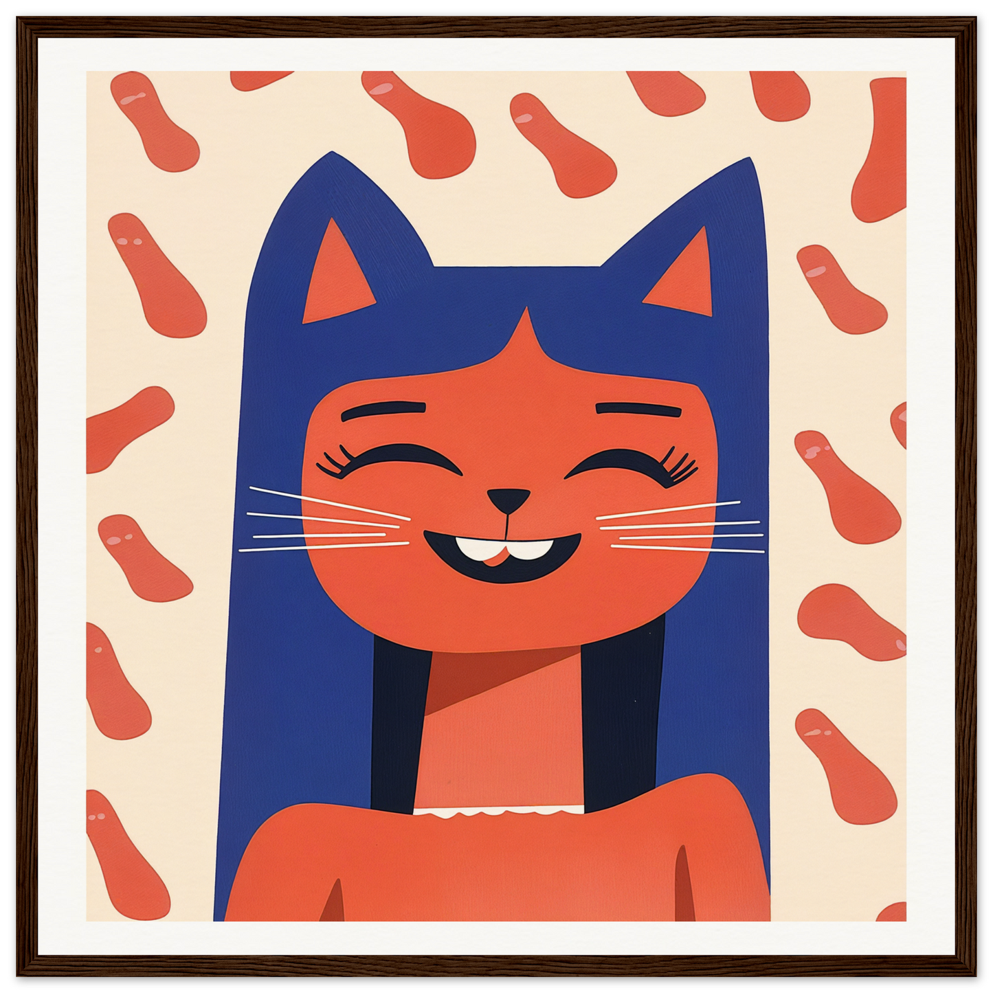 Smiling cartoon cat with blue ears and white whiskers for Joyful Feline Horizon