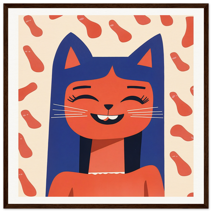 Smiling cartoon cat with blue ears and white whiskers for Joyful Feline Horizon