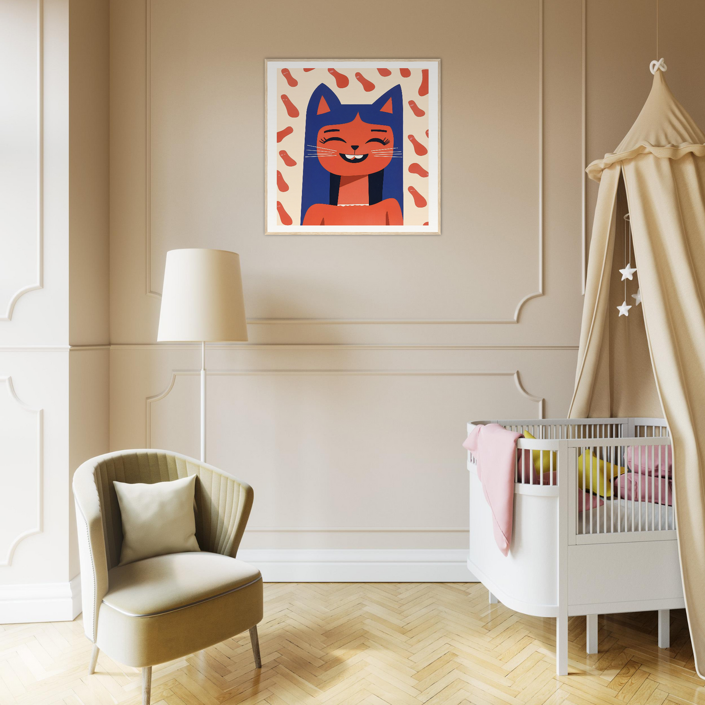 Whimsical blue cat artwork with orange and red accents for Joyful Feline Horizon