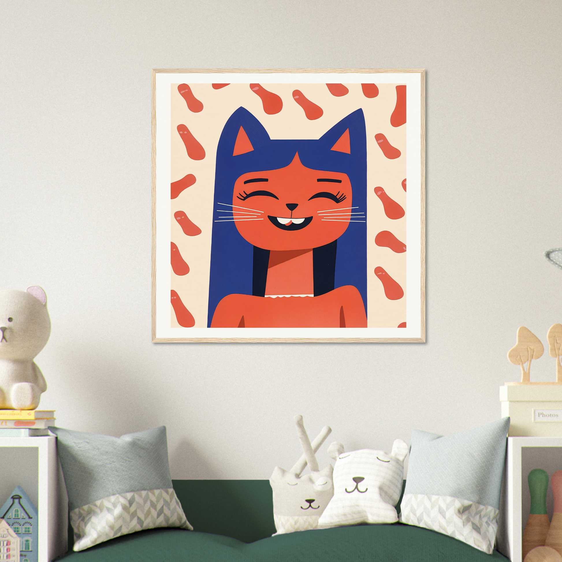 Cheerful cartoon cat artwork with blue and orange colors from Joyful Feline Horizon