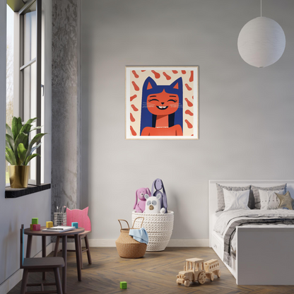 Whimsical cartoon cat artwork in orange and blue colors from Joyful Feline Horizon