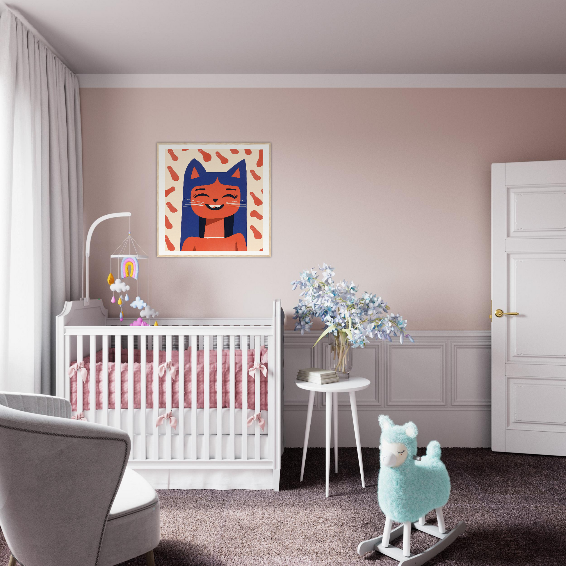 White wooden crib with pink bedding from Joyful Feline Horizon collection