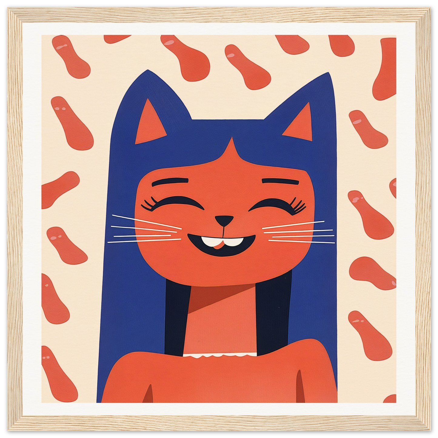 Smiling cartoon cat with blue ears and orange face representing Joyful Feline Horizon