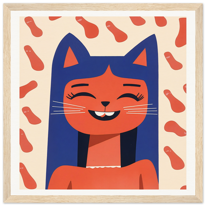 Smiling cartoon cat with blue ears and orange face representing Joyful Feline Horizon